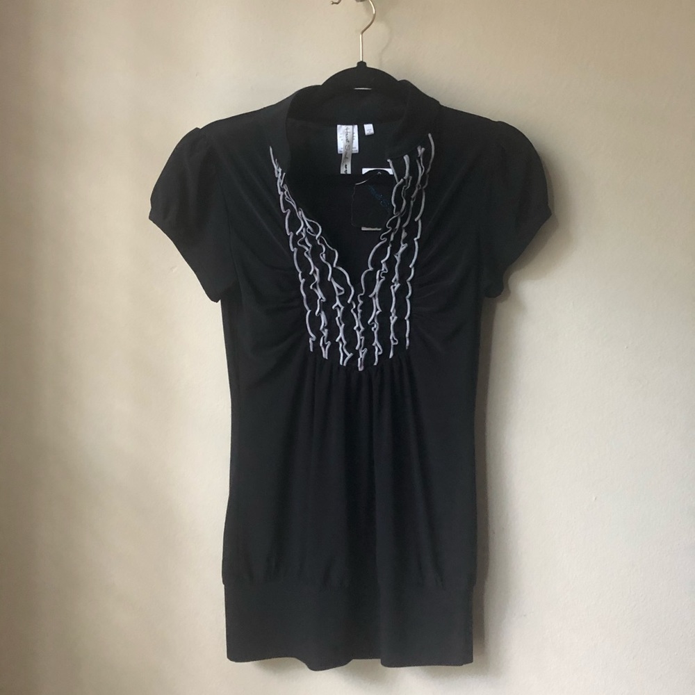 Heart Soul Black Vneck blouse with white ruffles